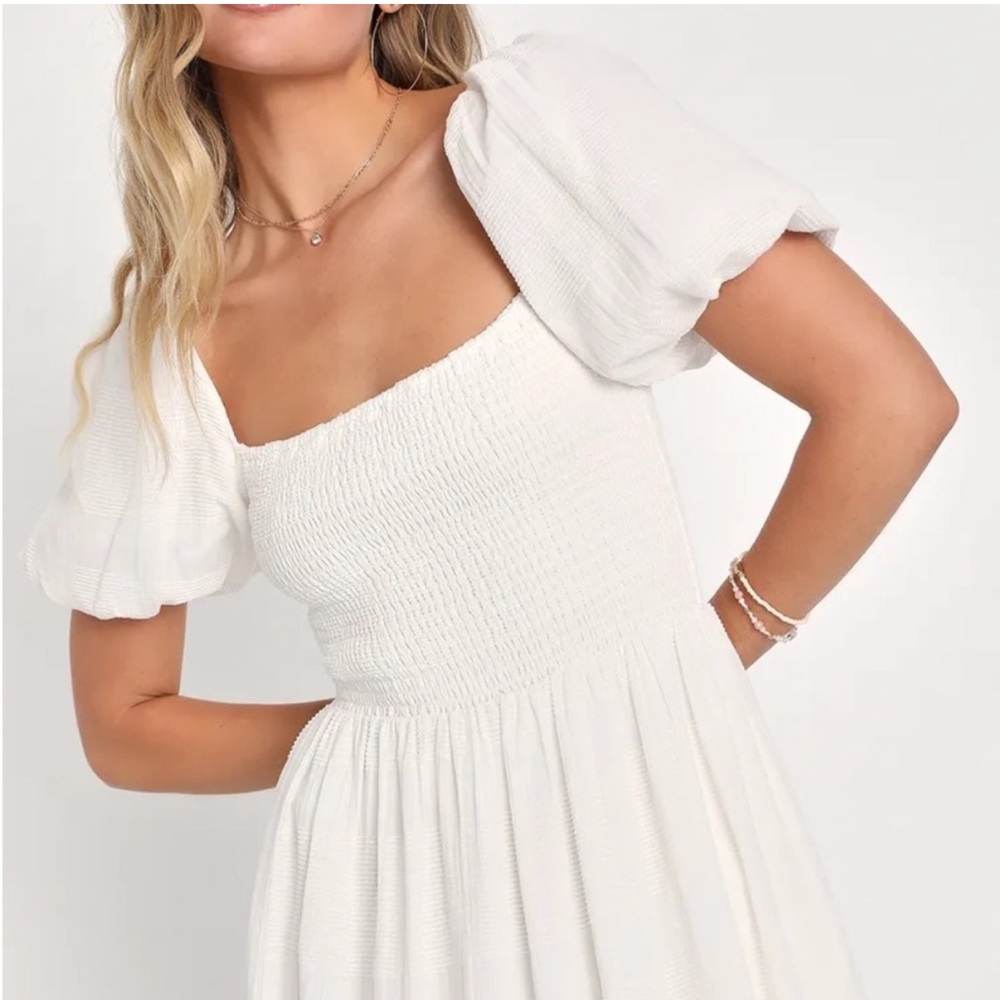 Lulus Budding Charm White Smocked Puff Sleeve Midi Dress With Pockets - Picture 2 of 6